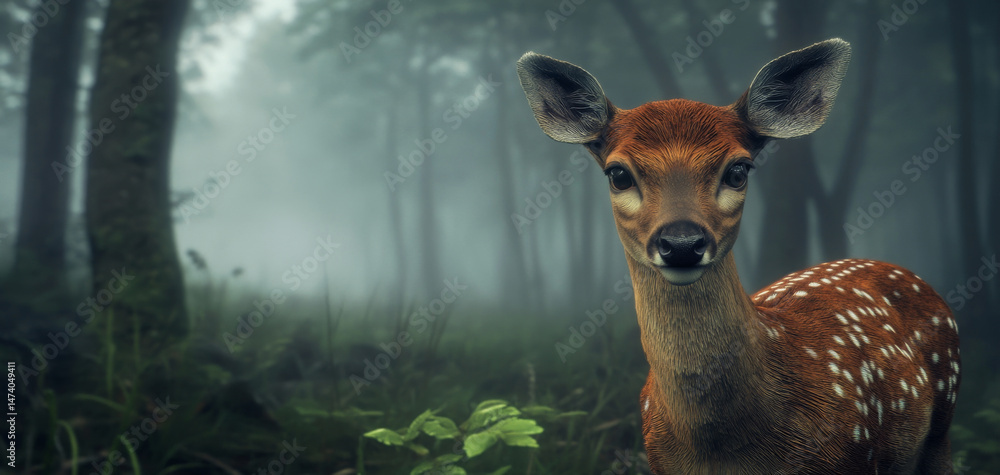 Poster elegant deer staring directly at viewer in misty forest, surrounded by trees and soft greenery, evok