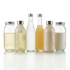 Six glass bottles with silver caps filled with different liquids, arranged in a row on a white surface, minimalist style, clean presentation, studio lighting, commercial product shot