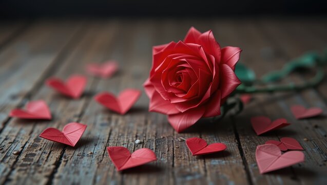 Close-Up of a Beautiful Red Rose with Paper Hearts on Weathered Wooden Surface in Romantic Setting - Powered by Adobe
