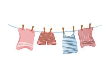 Clothesline with hanging clothes and towels. Drying laundry during camping. Isolated vector illustration on white background.