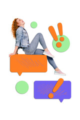 Vertical collage picture of mini positive girl sit dialogue chat bubble exclamation mark isolated...