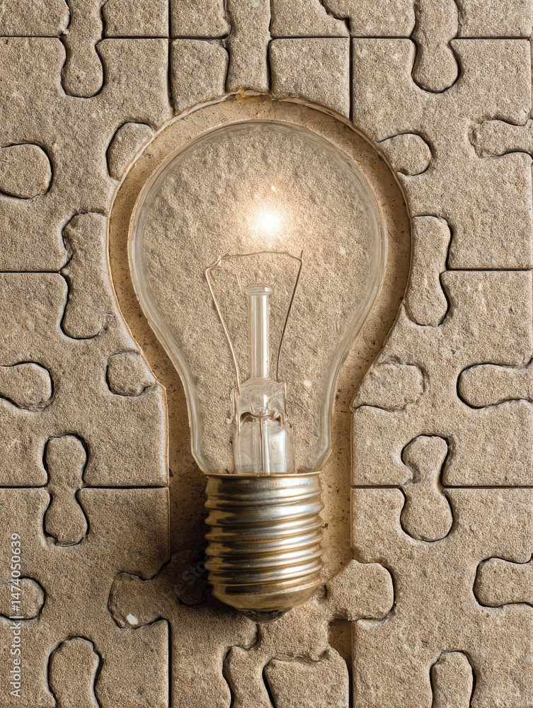 Poster light bulb embedded in puzzle piece background symbolizes innovation and creativity. warm glow of bu