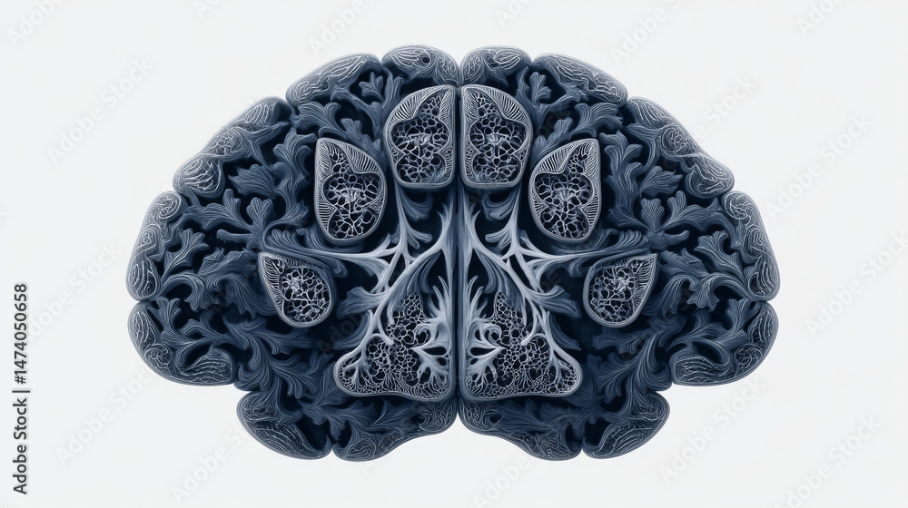Poster intricate brain design featuring detailed patterns and structures, showcasing blend of organic shape