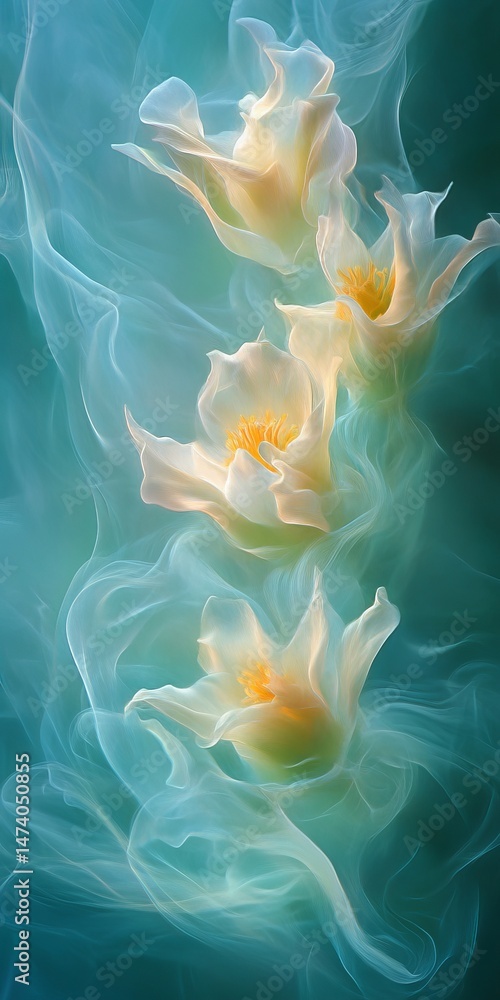Poster abstract background of gentle dynamic waves in monochrome green tones with delicate elements.
