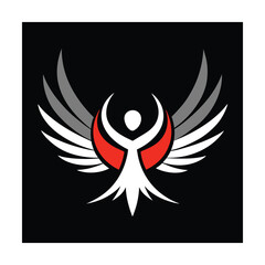 Stylized abstract angelic figure graphic with wings in red white gray colors against black background