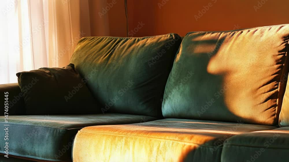 Poster a green couch situated in front of a window with natural light pouring in