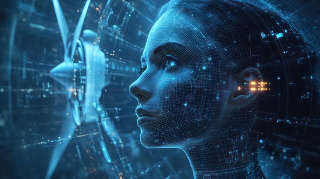  A smart kitchen with AI appliances, recipe suggestions, a robotic arm, and interactive touchscreens.