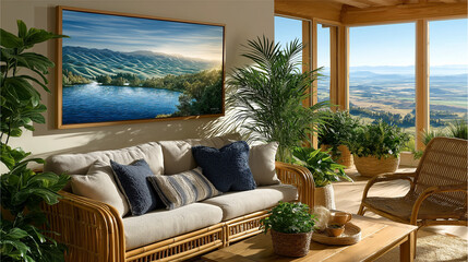 Modern Living Room with Panoramic View: A stylish living room features a large framed landscape painting, comfortable rattan sofa, potted plants.