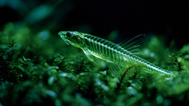 Glass catfish (kryptopterus bicirrhis) a singular transparent fish among fleeceable seaweed, seeable spine and bone