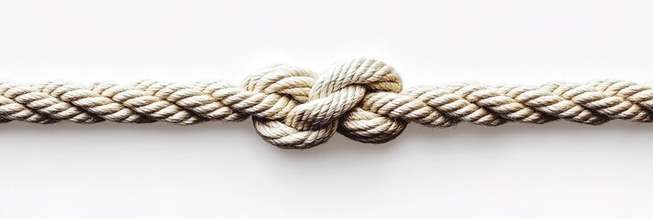 A close-up of a thick light-brown rope with a knot in the middle on a white background.