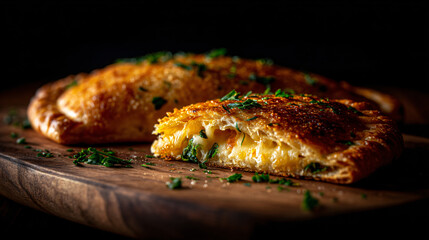 Golden brown cheesy calzone, a delectable italian treat, with a crispy cheekiness and melt cheese.