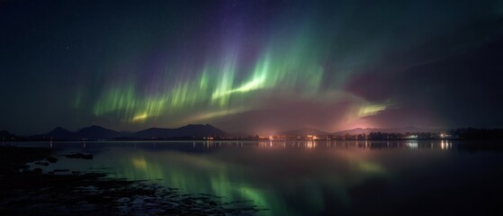 Naklejka premium Northern Lights sweep across the horizon, reflected over still waters, painting the night with ethereal color and beauty.