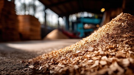 Naklejka premium Grainy texture of wood shavings in a warehouse setting.