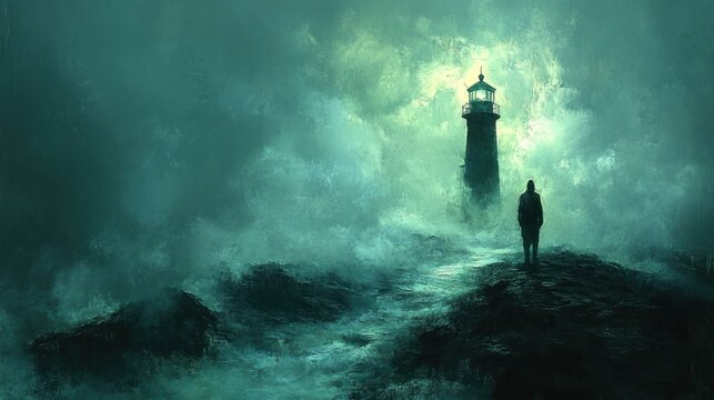 Stormy seas, lone figure, guiding light