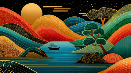 Golden Sunrise over Serene Waters: An abstract landscape painting features undulating, textured mountains under a star-speckled sky with a sun, tranquil lake, a tiny boat, and trees.