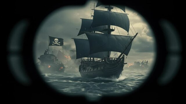 Pirate ships with black sails approach in stormy seas, viewed through a spyglass, evoking danger, conflict, and adventure at sea
