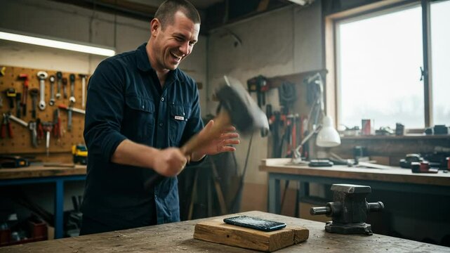 Man smashing smartphone with sledgehammer in workshop, showing frustration and destruction &ndash; concept of technology stress or breakage