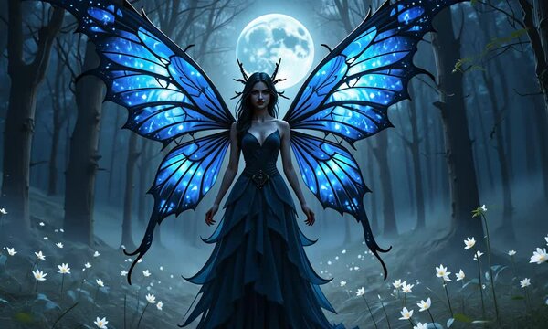 Fantasy blue butterfly queen with glowing wings standing before full moon in mystical dark forest