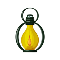 Camping yellow lantern with candle inside for glamping and outdoor recreation. Summer vacation equipment. Isolated vector illustration on white background.