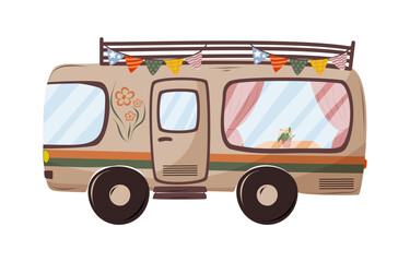 Retro camper for travel and summer vacations. Camping motor home on the white background. Isolated vector illustration.