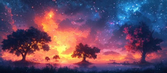 Magical sunset landscape with trees