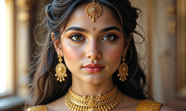 Close-up of beautiful indian woman in traditional jewelry and makeup against soft background, calm expression. Cultural identity concept