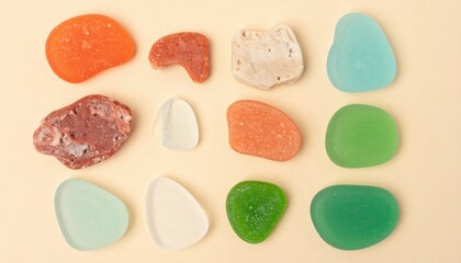 Collecting colorful sea glass pieces coastal beach photography natural environment top-down view textured concepts