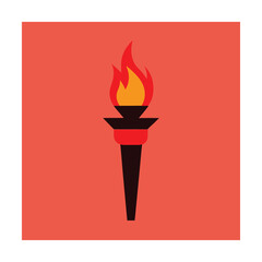 Stylized graphic illustration of a burning torch with red and orange flames on a red background