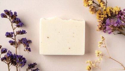 Crafting natural soap bars with dried flowers home studio product photography soft focus organic...