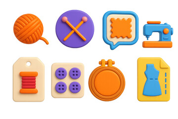 3D icon set of knitting and sewing gear: yarn ball icon, knitting needle badge, fabric swatch bubble, sewing machine screen, thread spool tag, button card, embroidery hoop toggle, pattern sheet icon.
