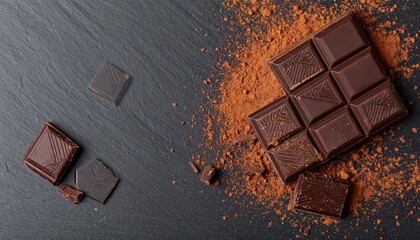 Chocolate bar and cocoa powder arrangement kitchen food photography studio background top view culinary delight