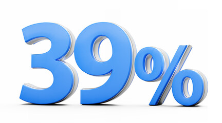 Vibrant Blue 39% Thirty Nine Percent Sign With Metallic Gleam On White Background 3D Illustration