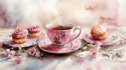 Fototapeta premium Watercolor illustration of British afternoon tea,tea break in the English style,tea set with Afternoon tea stand with macaroons and scone,cake,cup of tea,Tea time dessert table,vintage style.