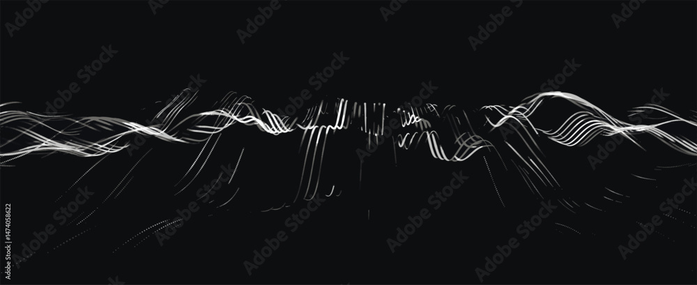 Poster abstract background with dynamic black and white wave. futuristic dotted wave of bright particles on