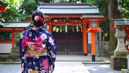 神社にお参りする着物を着た日本人女性。AIで生成