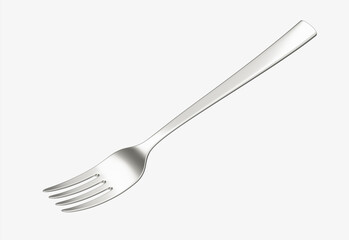 A sleek stainless steel fork with a reflective finish and a slightly curved handle. 3D Illustration