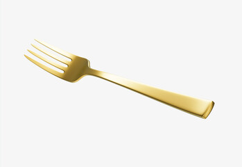 A sleek gold-plated fork with a reflective finish and a slightly curved handle. 3D Illustration