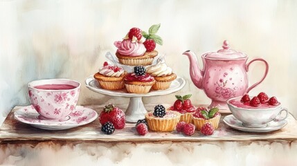 Fototapeta premium Watercolor illustration of British afternoon tea,tea break in the English style,tea set with Afternoon tea stand with macaroons and scone,cake,cup of tea,Tea time dessert table,vintage style.