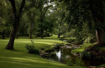 Obraz premium Creek flowing through green lush park landscape
