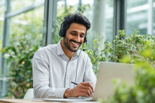 Indian businessman wearing a headset, smiling while talking to a laptop, holding a pen, bright office with large window, fresh greenery outside, modern remote work atmosphere no logo