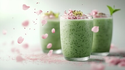 Matcha smoothie and sakura cherry blossom tree,spring season ,drink sweets for banners,Collection of matcha drinks with latte,menu popular japan,cards, flyers,wallpapers,copy space.