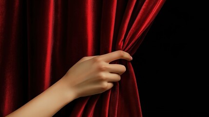 A hand gently pulling open a piece of red silk fabric against a black background.