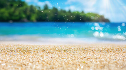 Serene beach scene with soft sand and sparkling water, evoking sense of tranquility and relaxation