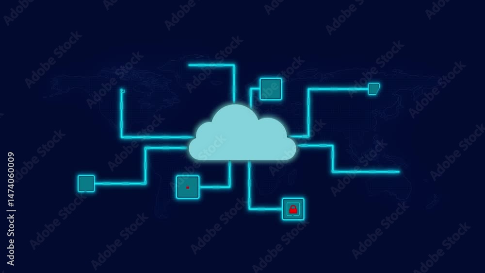 Poster cloud data security animation with global connections
