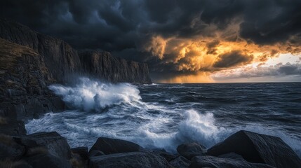 Obraz premium Dramatic coastal scene with stormy waves and dramatic clouds.