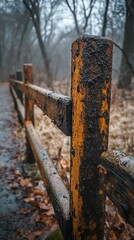 Fototapeta premium Rustic Wooden Fence Along a Misty Path Creates Serene Forest Atmosphere