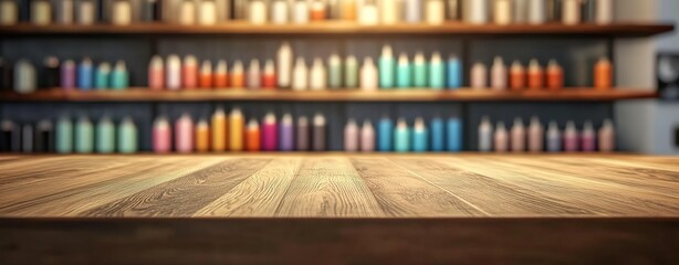 A wooden counter in front of shelves stocked with various colorful bottles, possibly in a retail environment.
