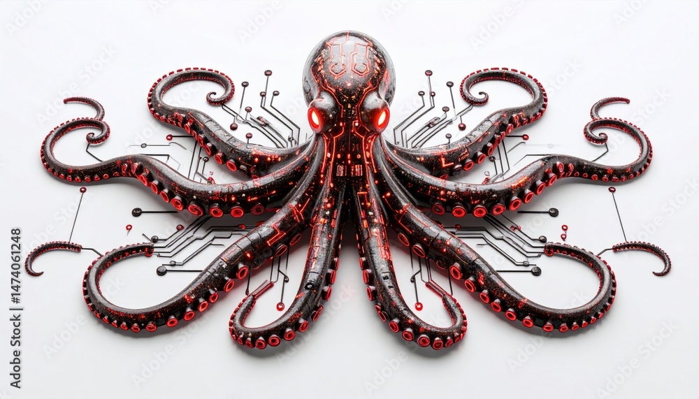 Poster red cephalopod with circuitry pattern on white surface
