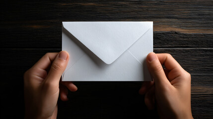 Hands holding a white envelope with a blank board inside quick to mail a message.
