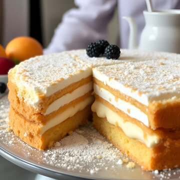 Trozo de pastel de biscocho y crema.